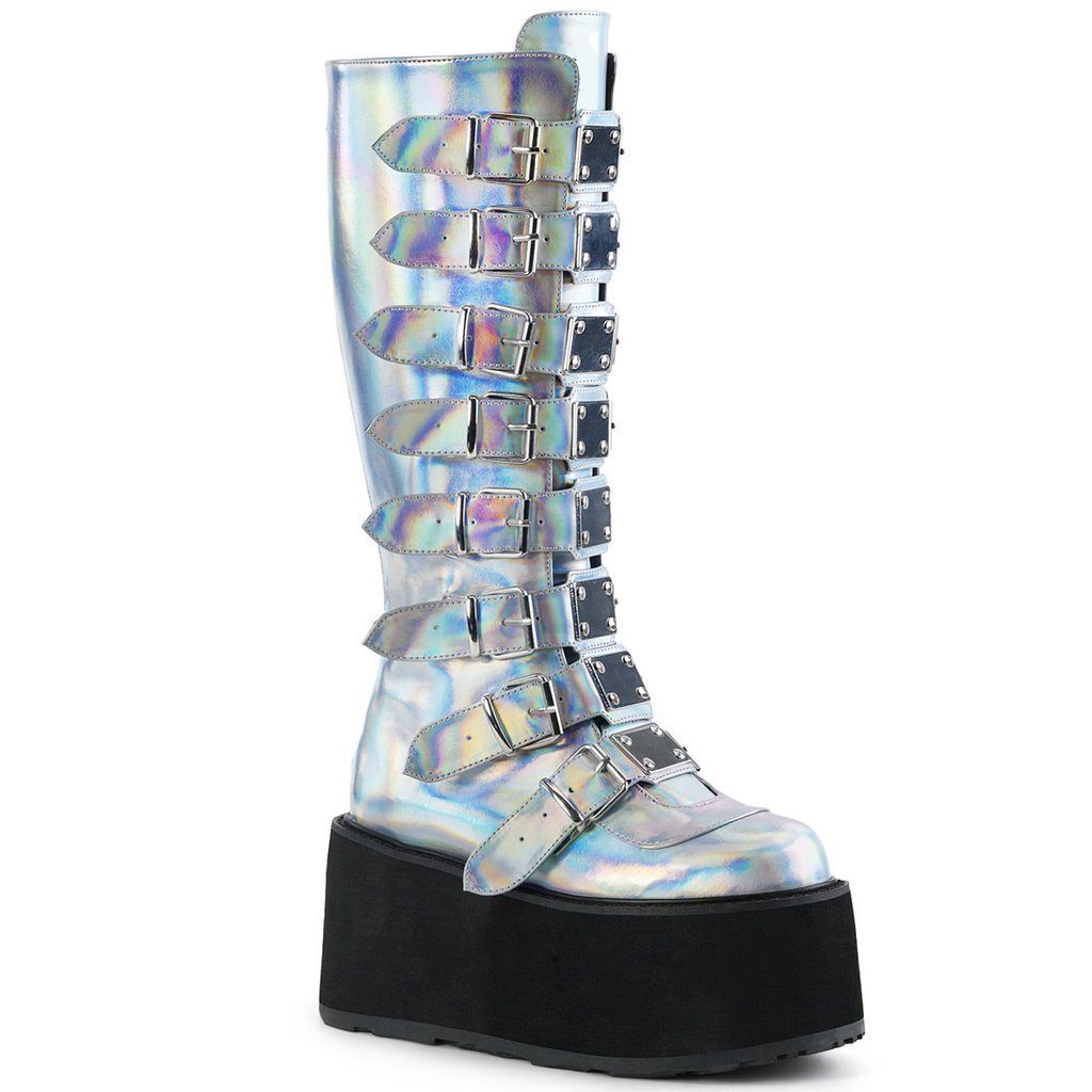 Bottes Hauteur Genoux Demonia Damned 318 Hologramme Vegan Cuir Femme - Argent 92105-EQAV